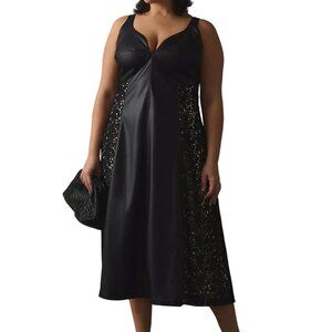 Anthropologie Black Faux Leather Lace Panel Midi Dress Plus 2X 20W Missing Tag